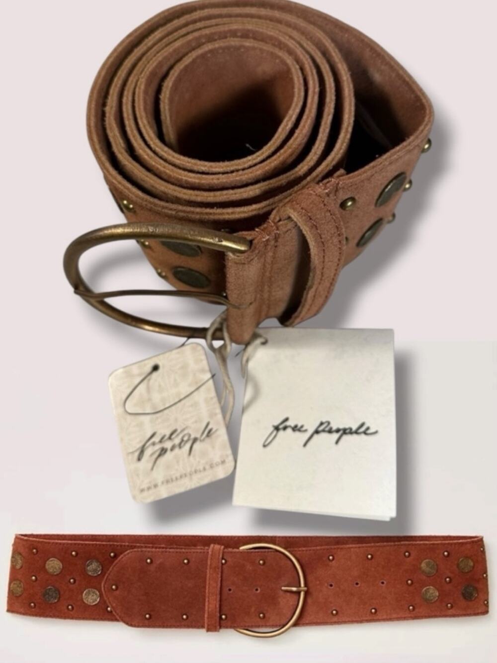 Free People Bohemian Brown Leather Suede Studded Honeydew Hip Belt Medium Large